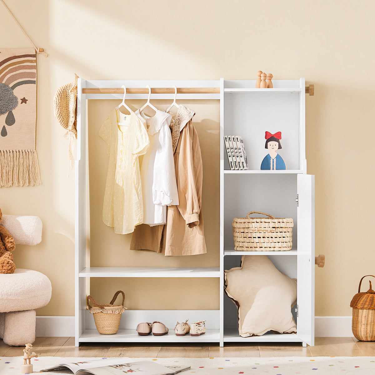 SoBuy KMB110-W, Children Kids Wardrobe Closet Children Clothes Rack with Hanging Rail, White