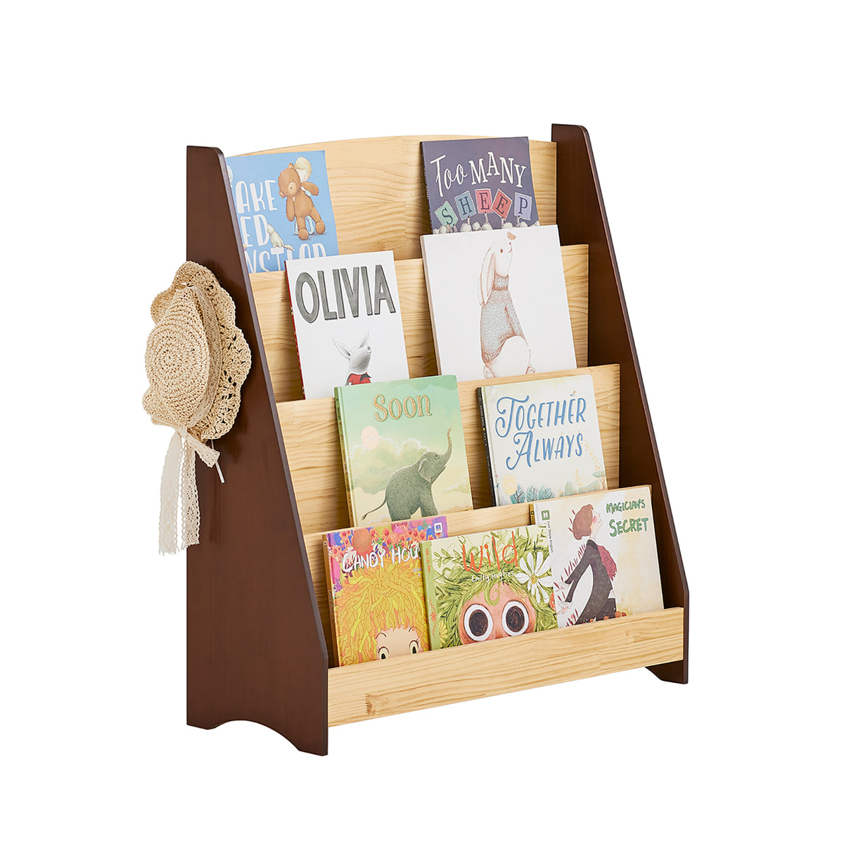 SoBuy KMB32-N, Kids Bookshelf Toy Storage Children's Bookcase with 4 Shelves and 2 hooks Baby Book Shelf Kids Book Storage Natural 91x30x89cm