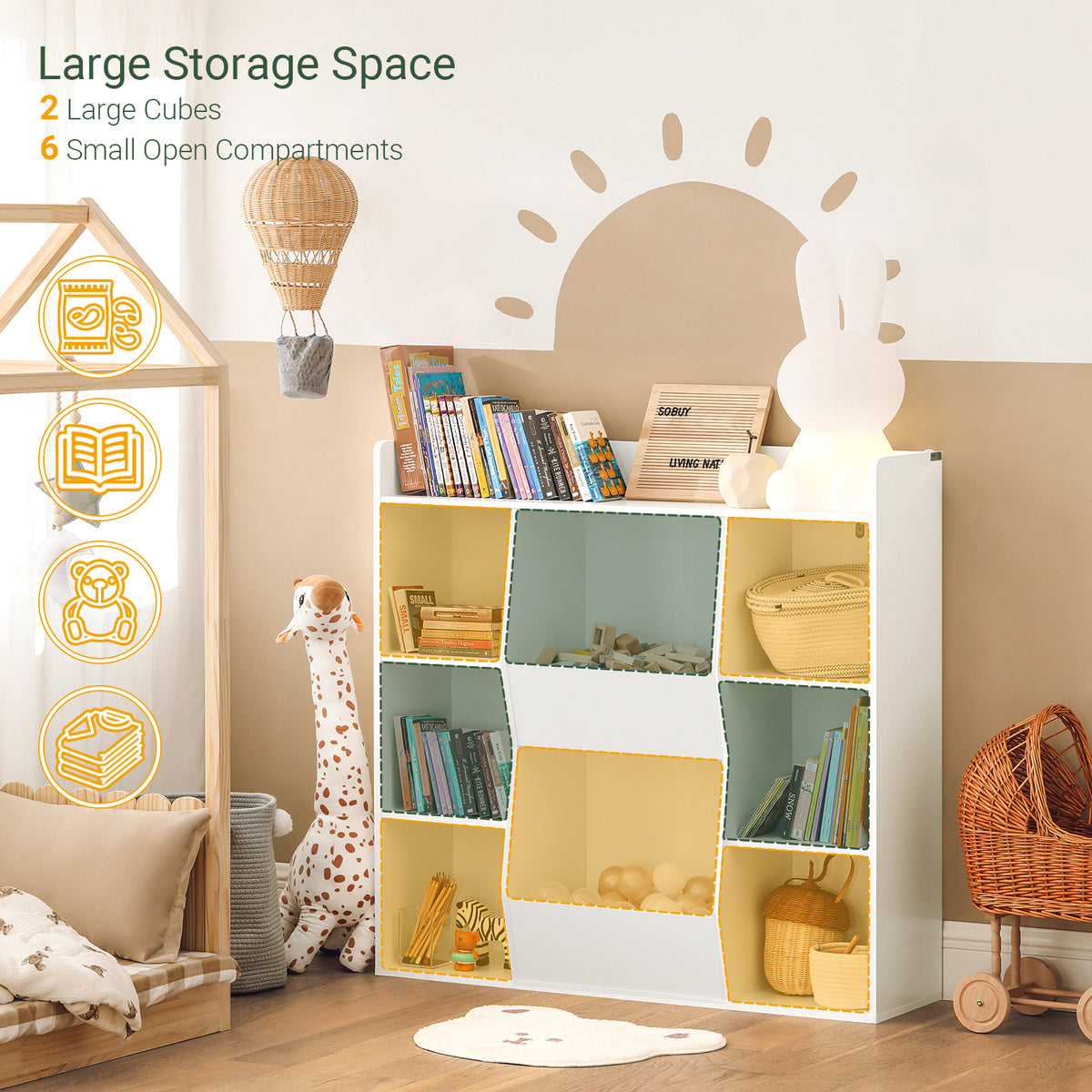 SoBuy KMB55-W, Kids Bookshelf and Toy Storage Unit with 8 Storage Compartments Children's Bookcase for Nursery Toddler Room Baby Book Shelf Kids Book Storage White 106x30x104 cm