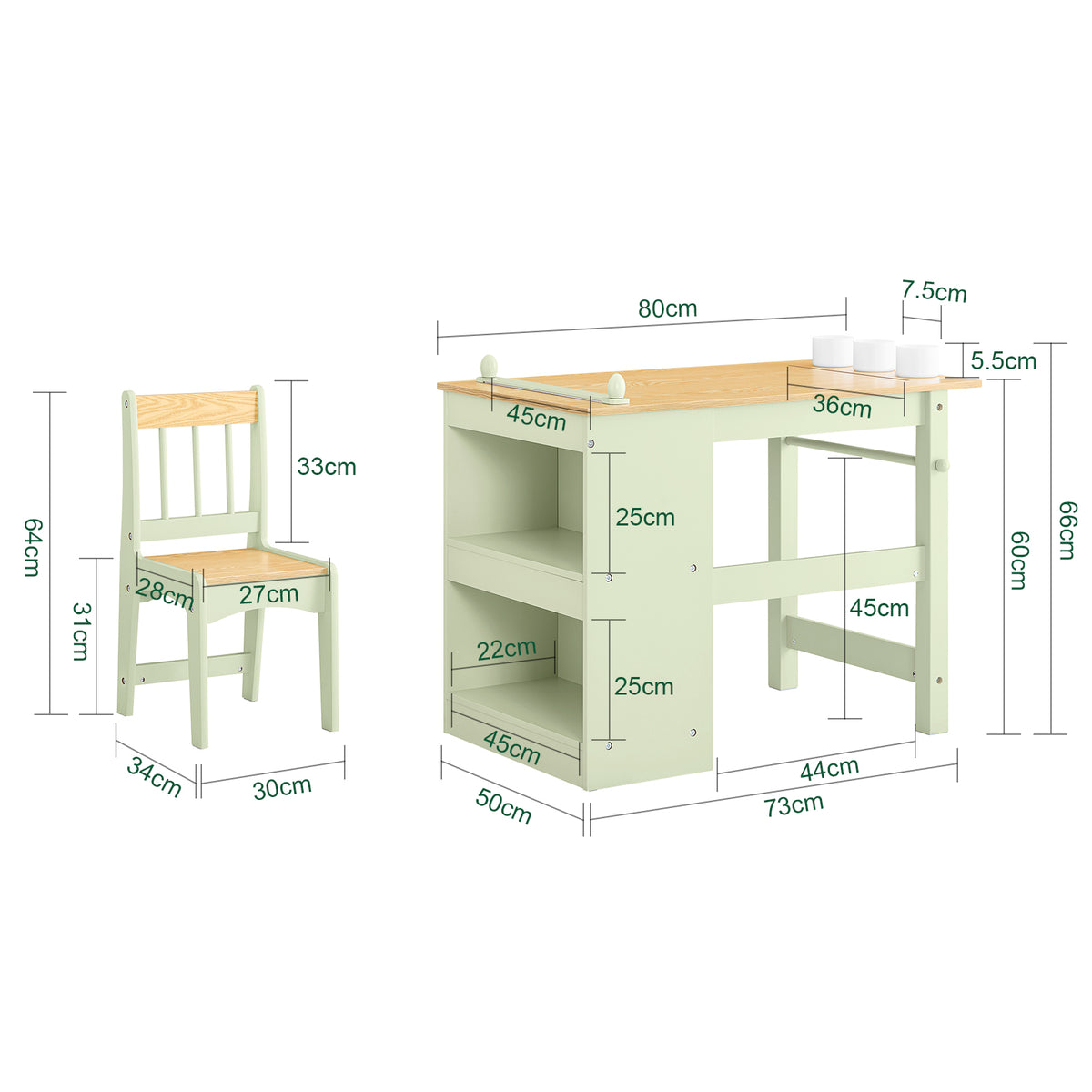 SoBuy KMB60-GR, Kids Desk and Chair Set Kids Study Table and Chair Set with 2 Storage Shelves and Paper Roll Holder Children's Desks for Drawing Arts and Crafts Green 80x50x66cm