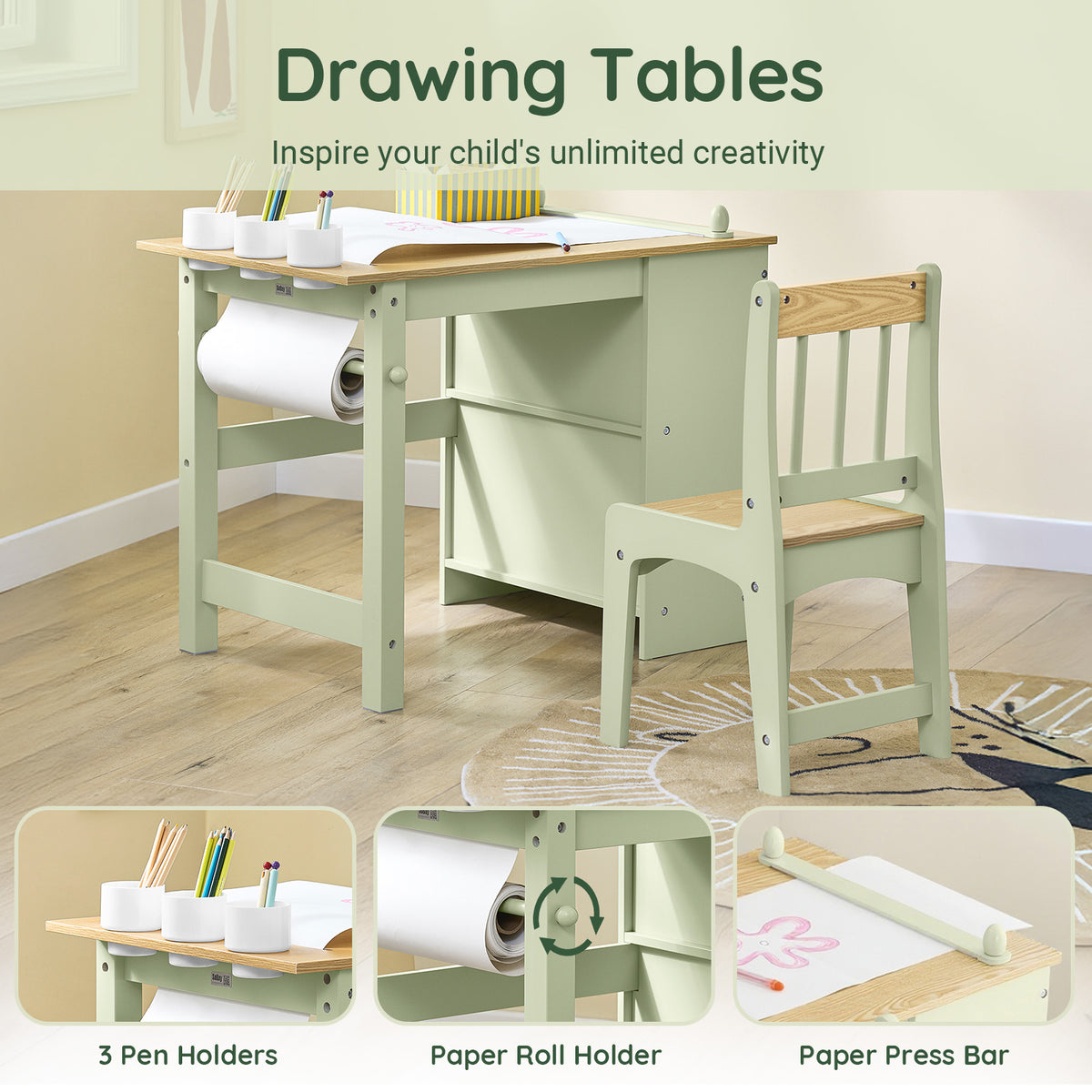 SoBuy KMB60-GR, Kids Desk and Chair Set Kids Study Table and Chair Set with 2 Storage Shelves and Paper Roll Holder Children's Desks for Drawing Arts and Crafts Green 80x50x66cm