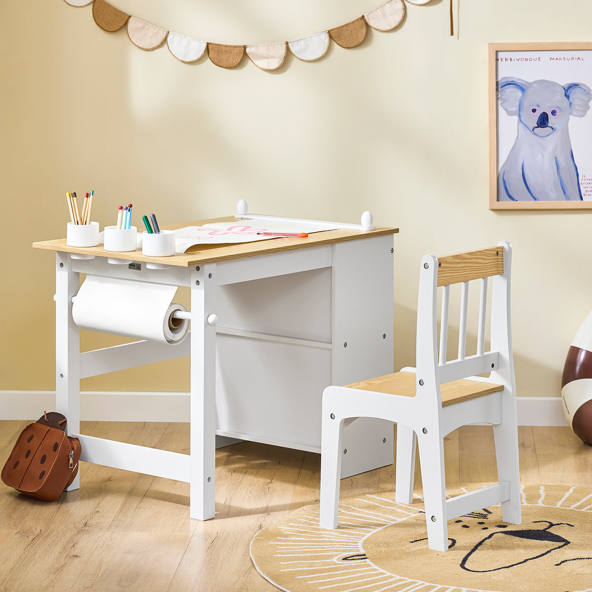 SoBuy KMB60-WN, Kids Desk and Chair Set Kids Study Table and Chair Set with 2 Storage Shelves and Paper Roll Holder Children's Desks for Drawing Arts and Crafts White and Natural 80x50x66cm