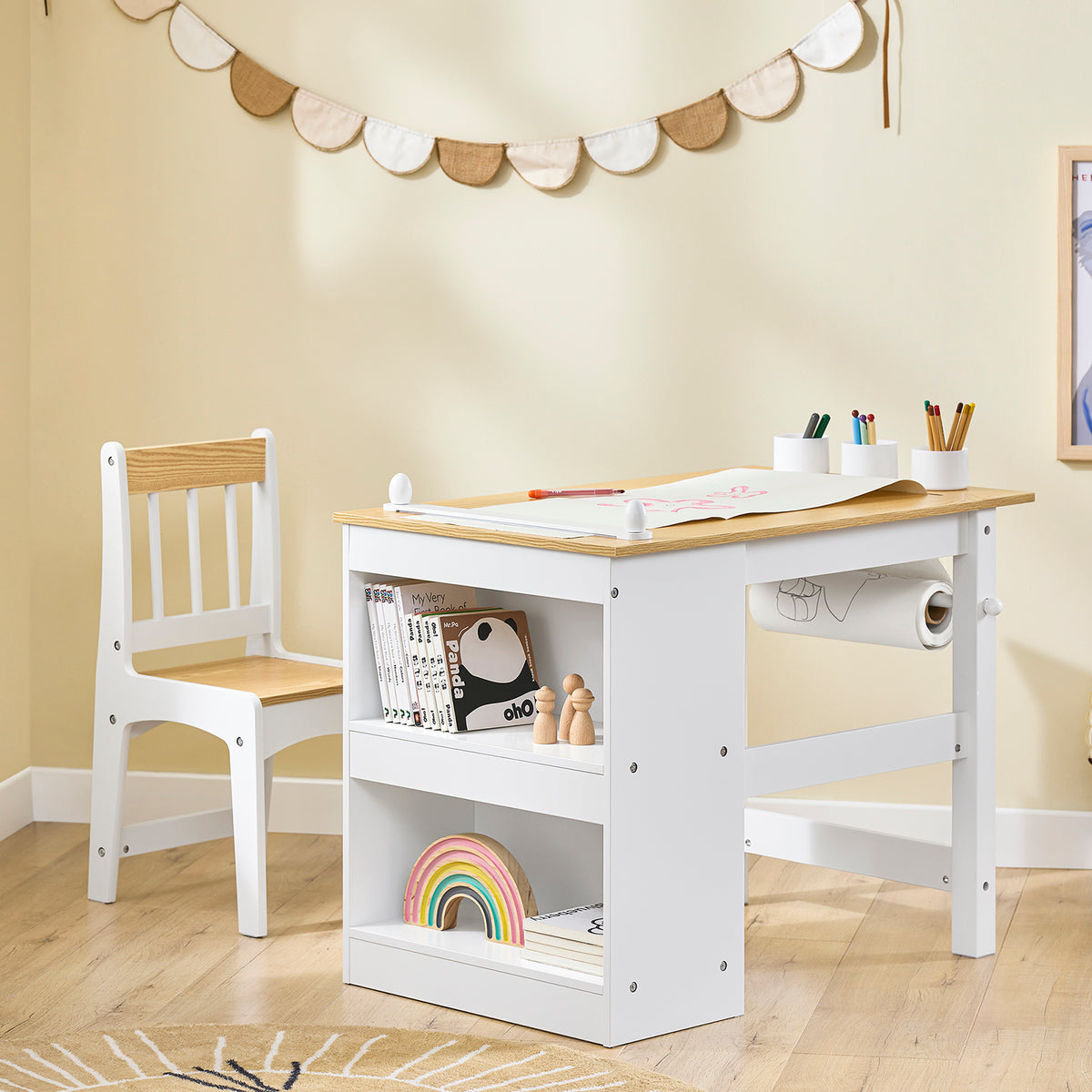 SoBuy KMB60-WN, Kids Desk and Chair Set Kids Study Table and Chair Set with 2 Storage Shelves and Paper Roll Holder Children's Desks for Drawing Arts and Crafts White and Natural 80x50x66cm