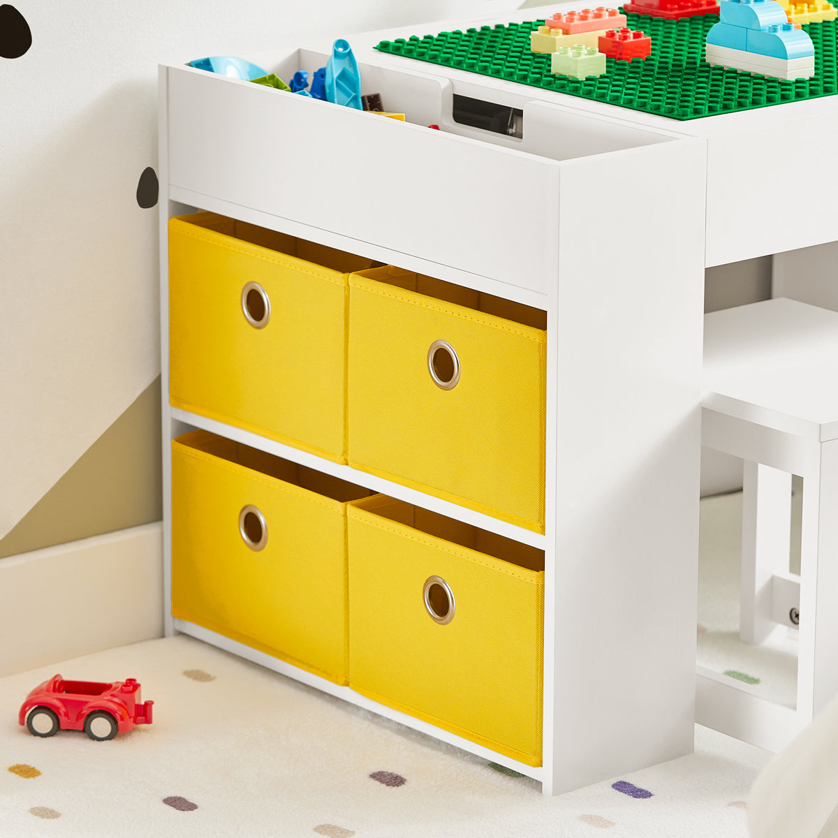SoBuy KMB75-W, Kids Table and 2 Chairs Set Children's Play Table and Chair Set with Double-Sided Tabletop and 8 Storage Boxes Activity and Study Desk for Kids White 87x50x50 cm