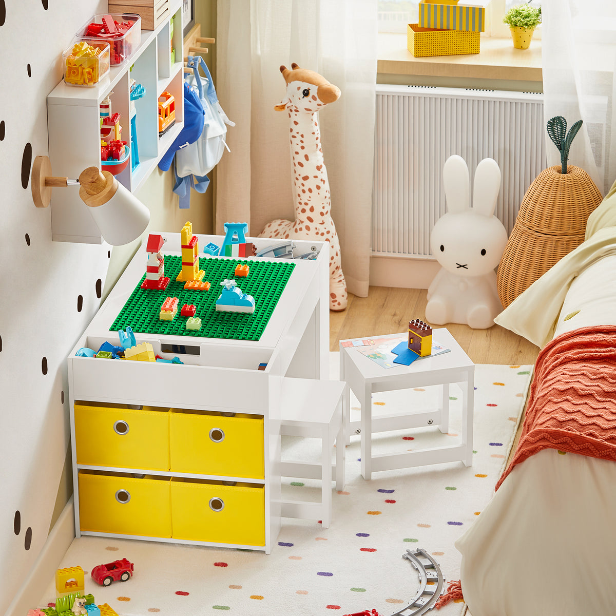 SoBuy KMB75-W, Kids Table and 2 Chairs Set Children's Play Table and Chair Set with Double-Sided Tabletop and 8 Storage Boxes Activity and Study Desk for Kids White 87x50x50 cm