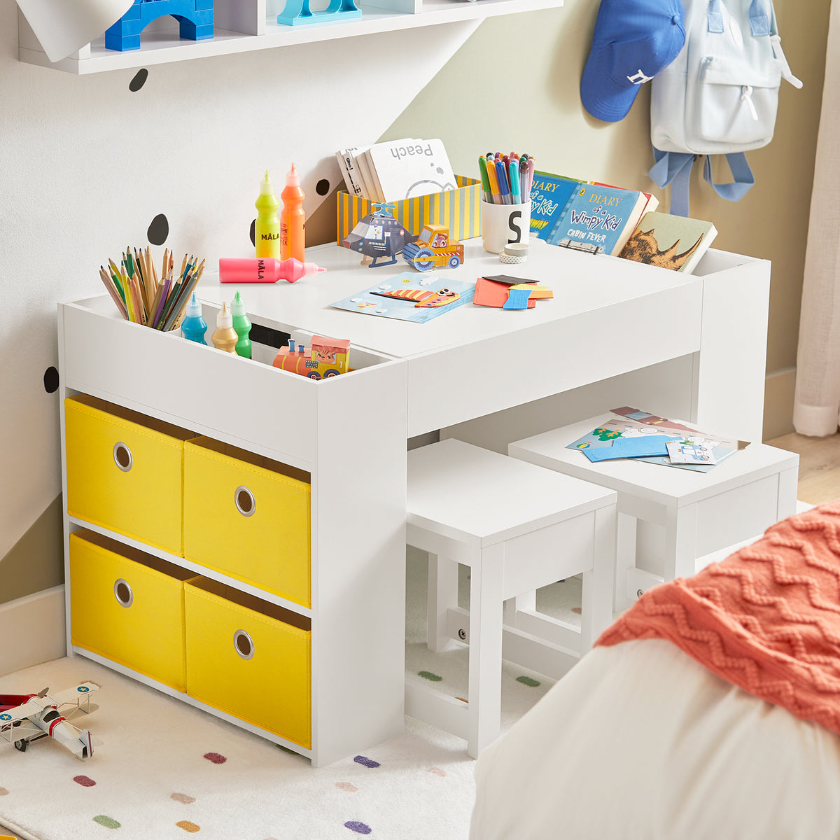 SoBuy KMB75-W, Kids Table and 2 Chairs Set Children's Play Table and Chair Set with Double-Sided Tabletop and 8 Storage Boxes Activity and Study Desk for Kids White 87x50x50 cm