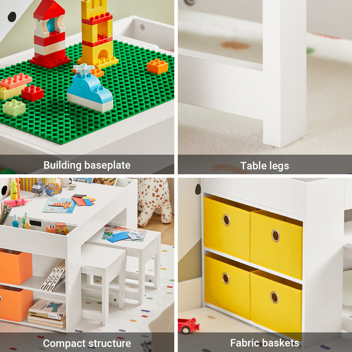 SoBuy KMB75-W, Kids Table and 2 Chairs Set Children's Play Table and Chair Set with Double-Sided Tabletop and 8 Storage Boxes Activity and Study Desk for Kids White 87x50x50 cm