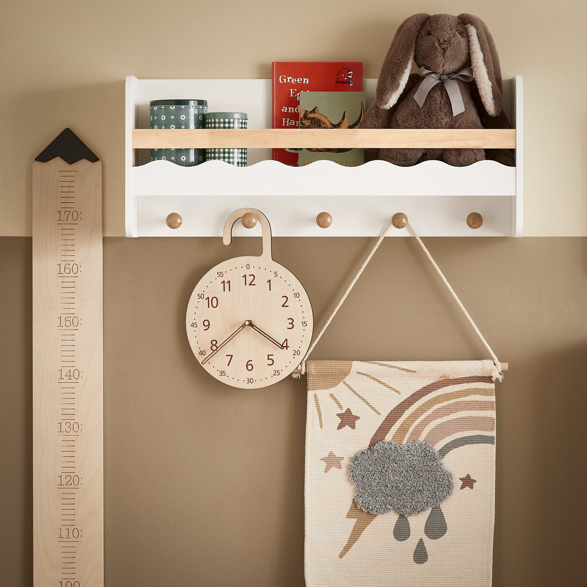 SoBuy KMB78-W, Wall Mounted Storage Shelf Children Kids Book Shelf Toy Shelf Coat Rack, White