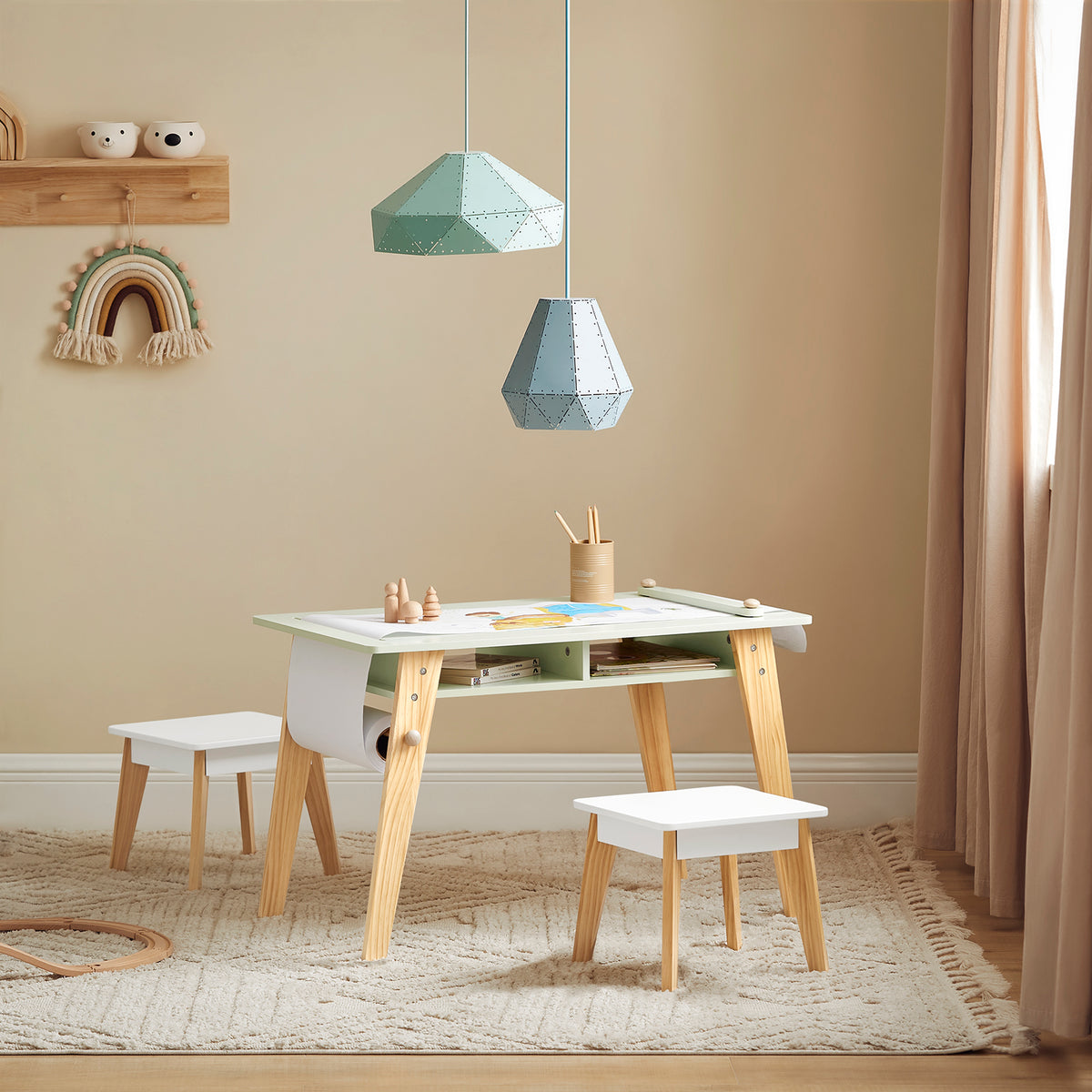 SoBuy KMB92-GR, Children Table and 2 Stools Set, Art Table with Storage Shelves and Paper Roll Holder, Children Kids Table Set, Green