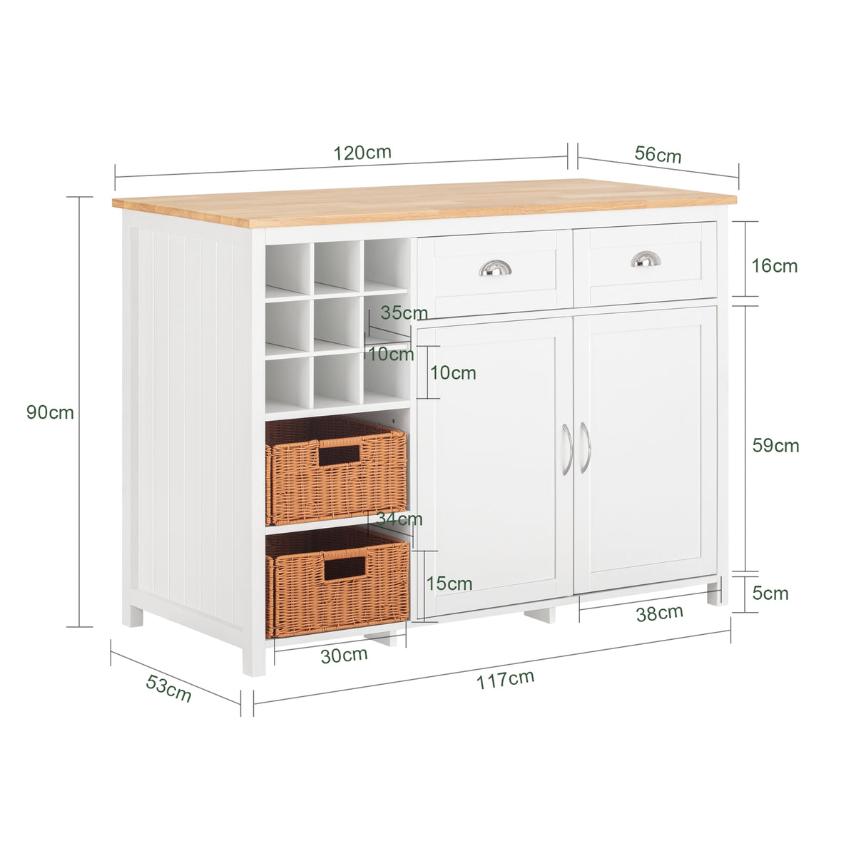 SoBuy KNL05-W Kitchen Island with Rubber Wood Worktop, Wine Rack & Storage – White Kitchen Cabinet Sideboard Bar Table
