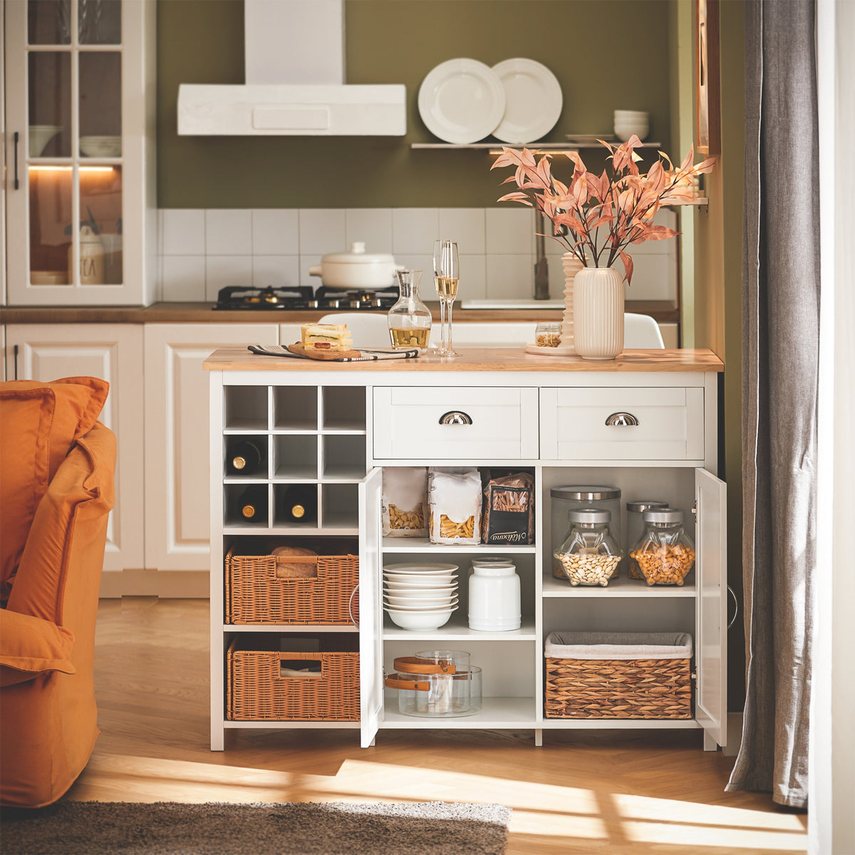 SoBuy KNL05-W Kitchen Island with Rubber Wood Worktop, Wine Rack & Storage – White Kitchen Cabinet Sideboard Bar Table
