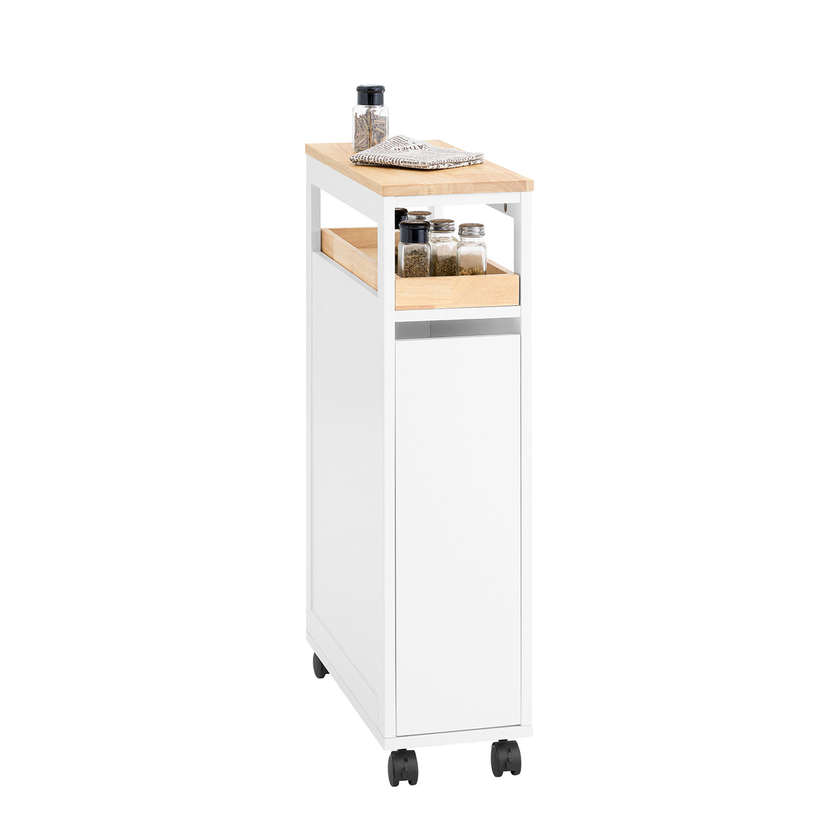 SoBuy NSR11-WN, Serving Trolley Slide Out Storage Rack Shelf on Wheels Mobile Storage Rack, White and Natural