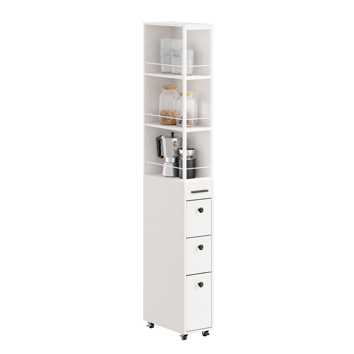 SoBuy NSR13-WG, Narrow Storage Tower with 4 Drawers & 3 Shelves, Cream White, 40x20x170cm