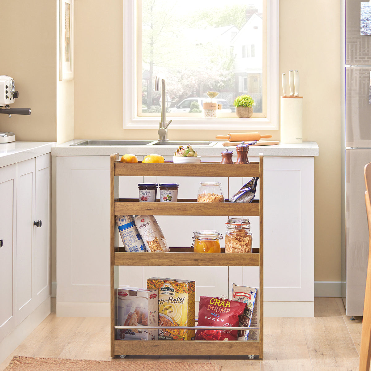 SoBuy NSR01-PF, 4 Tiers Serving Trolley, Slide Out Shelf on Wheels, Mobile Storage Rack, Brown