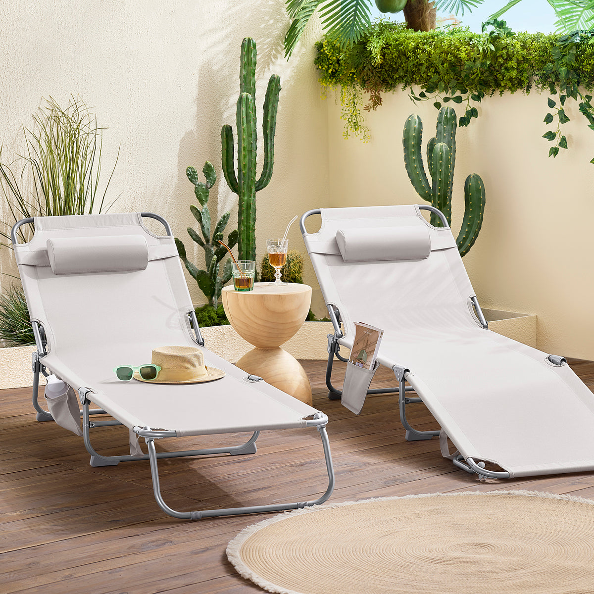SoBuy OGS35-MIx2, Set of 2 Textilene Reclining Folding Chair, Adjustable Back Camping Chair, Beige