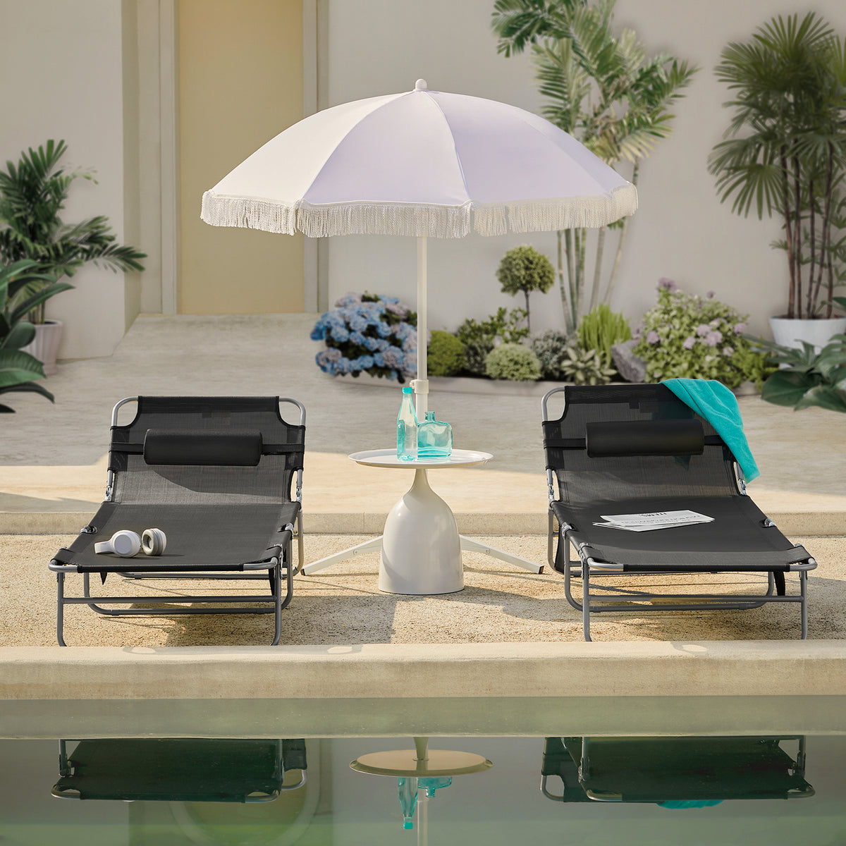 SoBuy OGS35-SCHx2, Set of 2 Textilene Reclining Folding Chair, Adjustable Back Camping Chair, Black