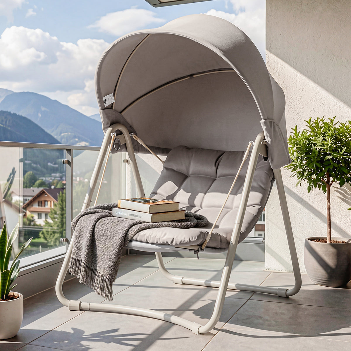 Pre-sale SoBuy OGS62-MI, Hanging Chair with Stand, Garden Swing Chair with Adjustable Canopy, Reclining Relax Chair with Thick Cushion, Indoor Outdoor Balcony Patio Chair, Steel Frame, Beige 108x126x163 cm
