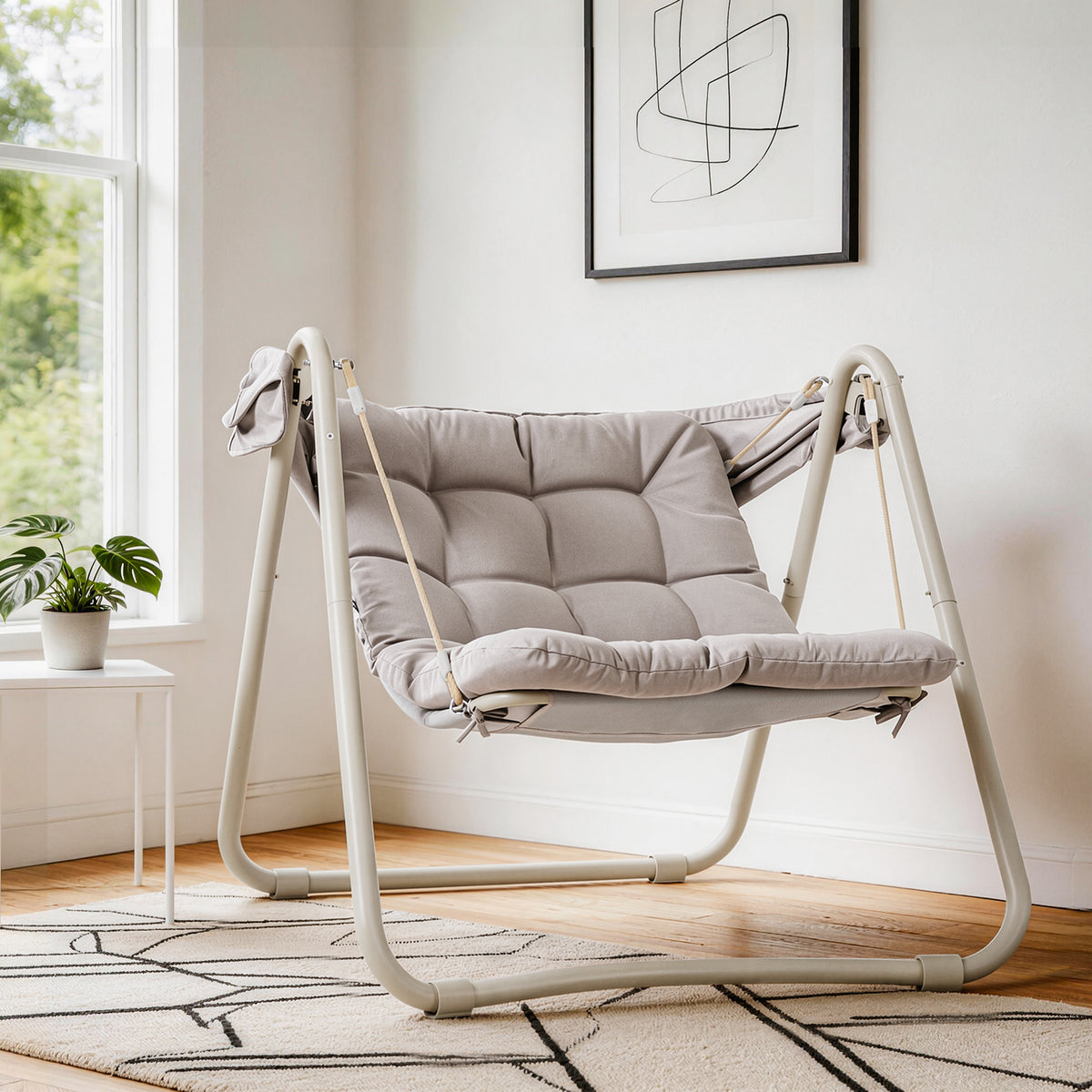 Pre-sale SoBuy OGS62-MI, Hanging Chair with Stand, Garden Swing Chair with Adjustable Canopy, Reclining Relax Chair with Thick Cushion, Indoor Outdoor Balcony Patio Chair, Steel Frame, Beige 108x126x163 cm