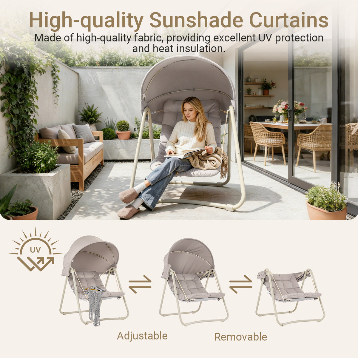 Pre-sale SoBuy OGS62-MI, Hanging Chair with Stand, Garden Swing Chair with Adjustable Canopy, Reclining Relax Chair with Thick Cushion, Indoor Outdoor Balcony Patio Chair, Steel Frame, Beige 108x126x163 cm