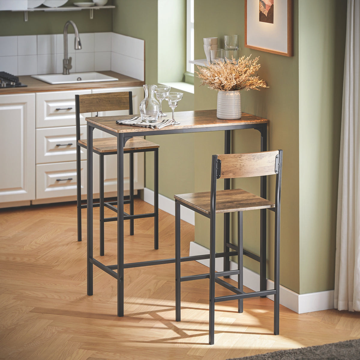 SoBuy OGT03-XL, Bar Set-1 Bar Table and 2 Stools, 3 Pieces Home Kitchen Breakfast Bar Set Furniture Dining Set, Brown