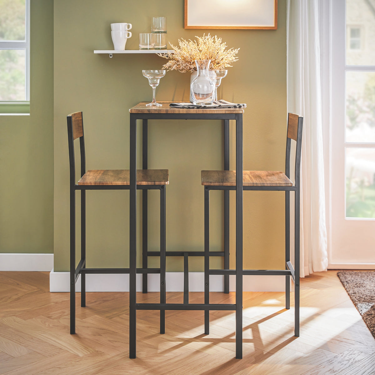 SoBuy OGT03-XL, Bar Set-1 Bar Table and 2 Stools, 3 Pieces Home Kitchen Breakfast Bar Set Furniture Dining Set, Brown