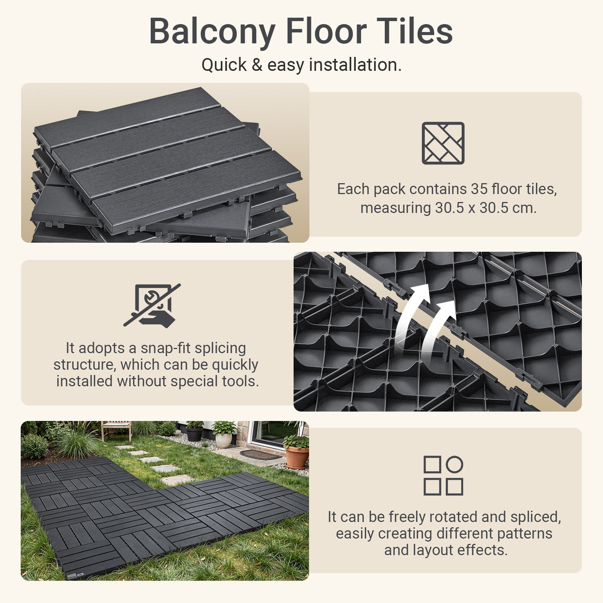 SoBuy SDA15-HG, Decking Tiles Outdoor 35 Pack, Interlocking Decking Boards, Garden Flooring Tiles, Waterproof Non Slip Outdoor Tiles for Balcony Patio Garden, Dark Grey 30.5x30.5x2 cm
