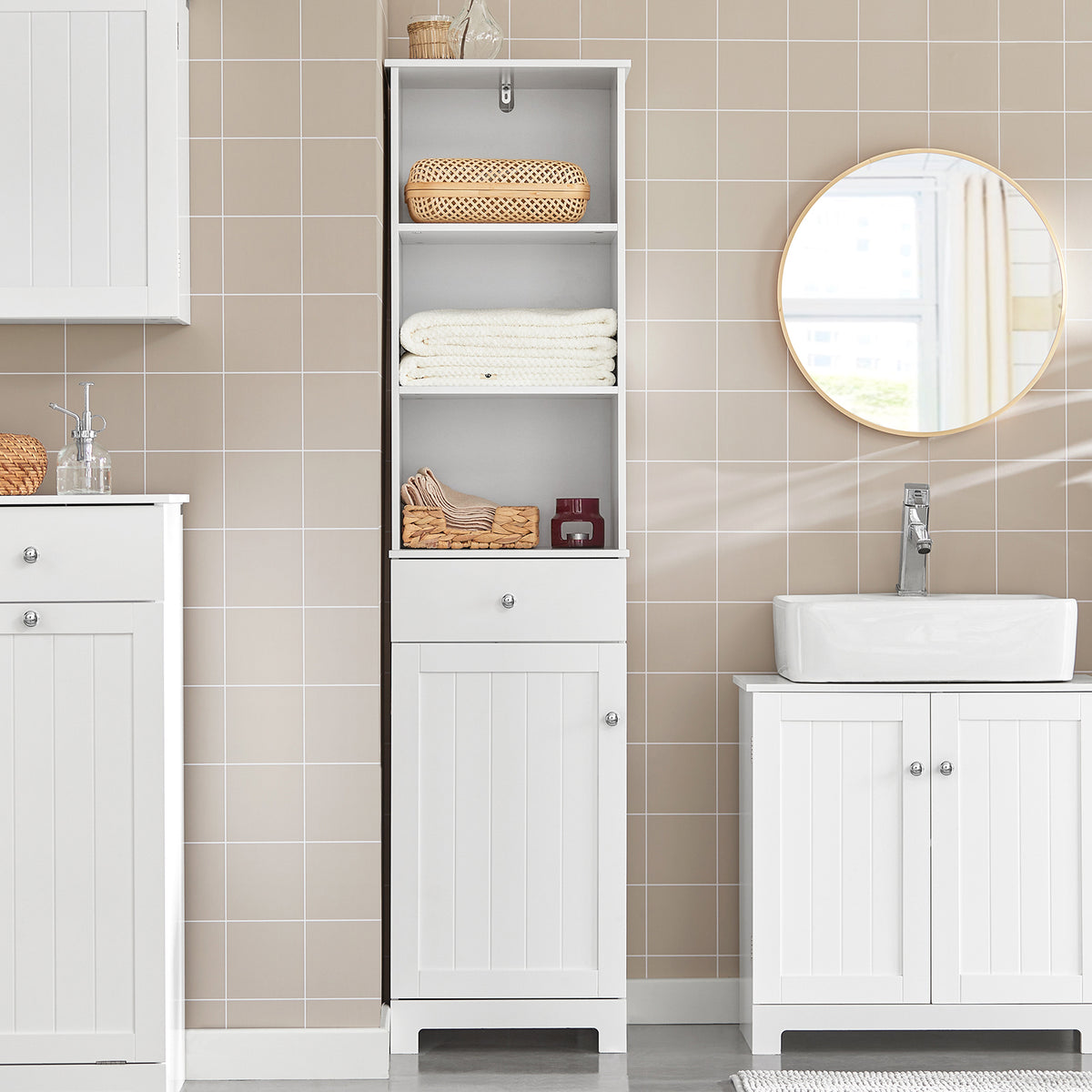 SoBuy BZR17-W, Bathroom Storage Cabinet Unit with 3 Shelves 1 Drawer 1 Cabinet, White