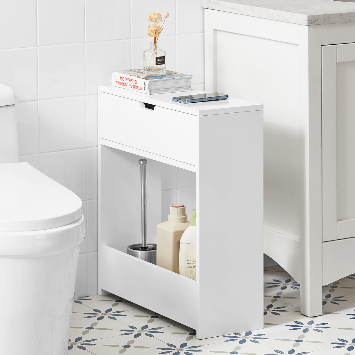SoBuy BZR48-W, Bathroom Toilet Paper Roll Holder, Narrow Shelf Storage Cabinet, White