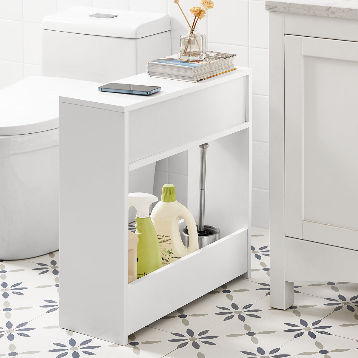 SoBuy BZR48-W, Bathroom Toilet Paper Roll Holder, Narrow Shelf Storage Cabinet, White