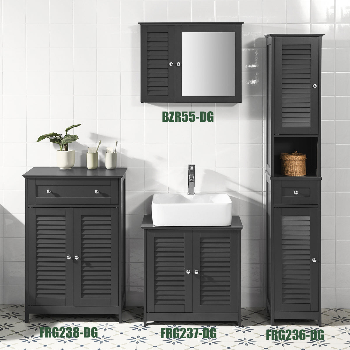SoBuy FRG238-DG dark grey bathroom storage cupboard with louvered doors lifestyle scene