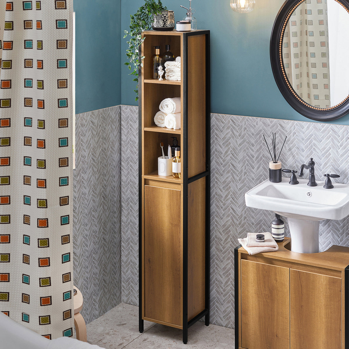 SoBuy BZR62-PF, Tall Slim Bathroom Storage Cabinet with 3 Open Shelves and 1 Door – Freestanding Narrow Bathroom Unit, Industrial Wood Look, 30x168x28cm
