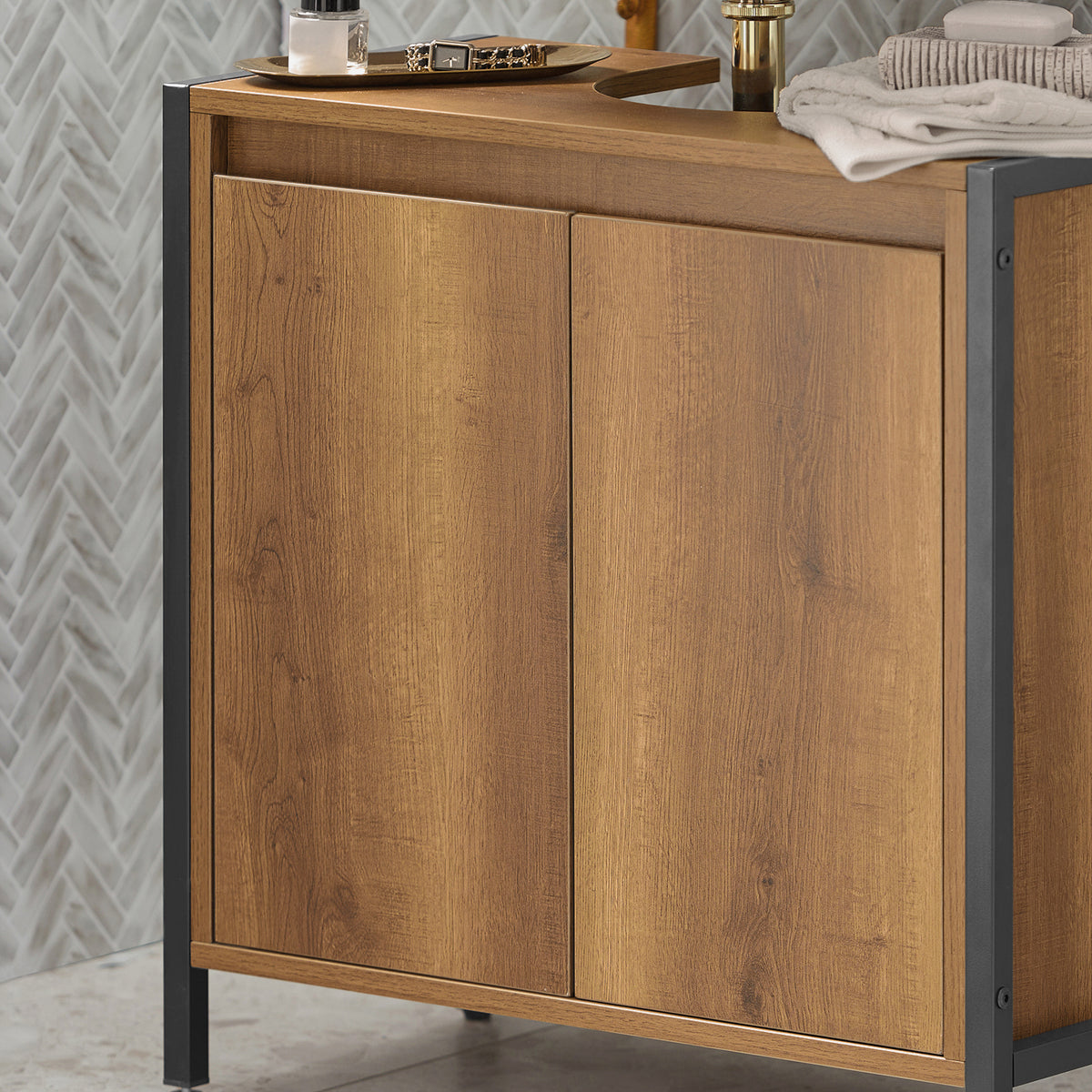 SoBuy BZR63-PF, Under Sink Bathroom Cabinet Slim Bathroom Storage Unit with 2 Doors & Shelf, Freestanding Bathroom Sink Cabinet for Small Bathrooms & Guest Toilets 60x60x30 cm