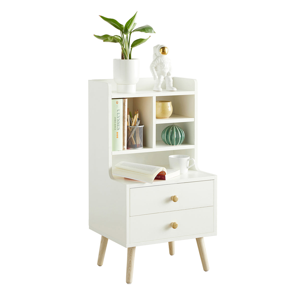 SoBuy FBT100-W, Modern Bedside Table with Drawers & Open Shelves, Nightstand with Pine Wood Legs, Storage Cabinet for Bedroom & Living Room, White