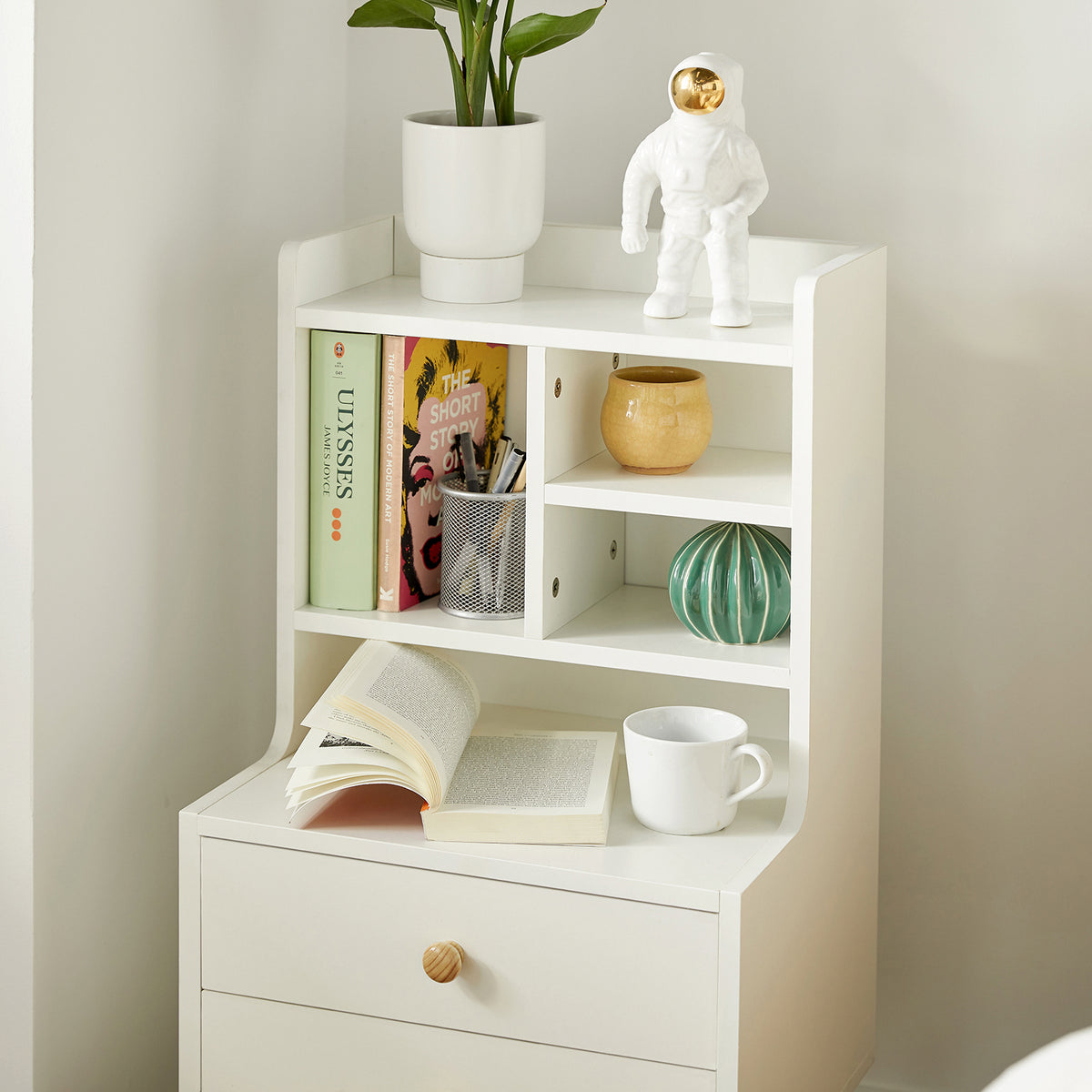 SoBuy FBT100-W, Modern Bedside Table with Drawers & Open Shelves, Nightstand with Pine Wood Legs, Storage Cabinet for Bedroom & Living Room, White