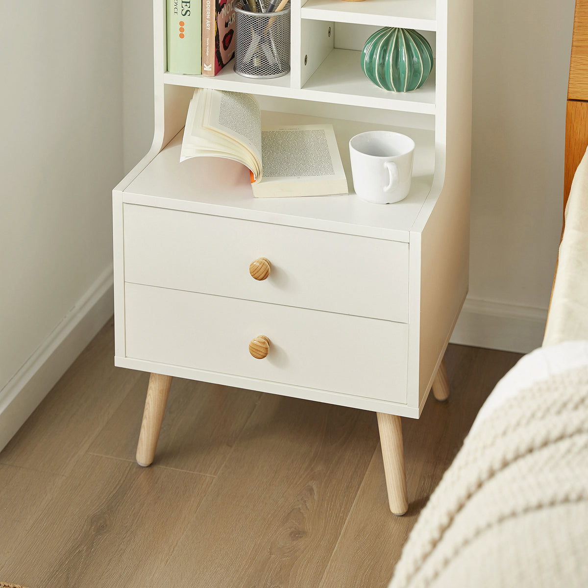 SoBuy FBT100-W, Modern Bedside Table with Drawers & Open Shelves, Nightstand with Pine Wood Legs, Storage Cabinet for Bedroom & Living Room, White