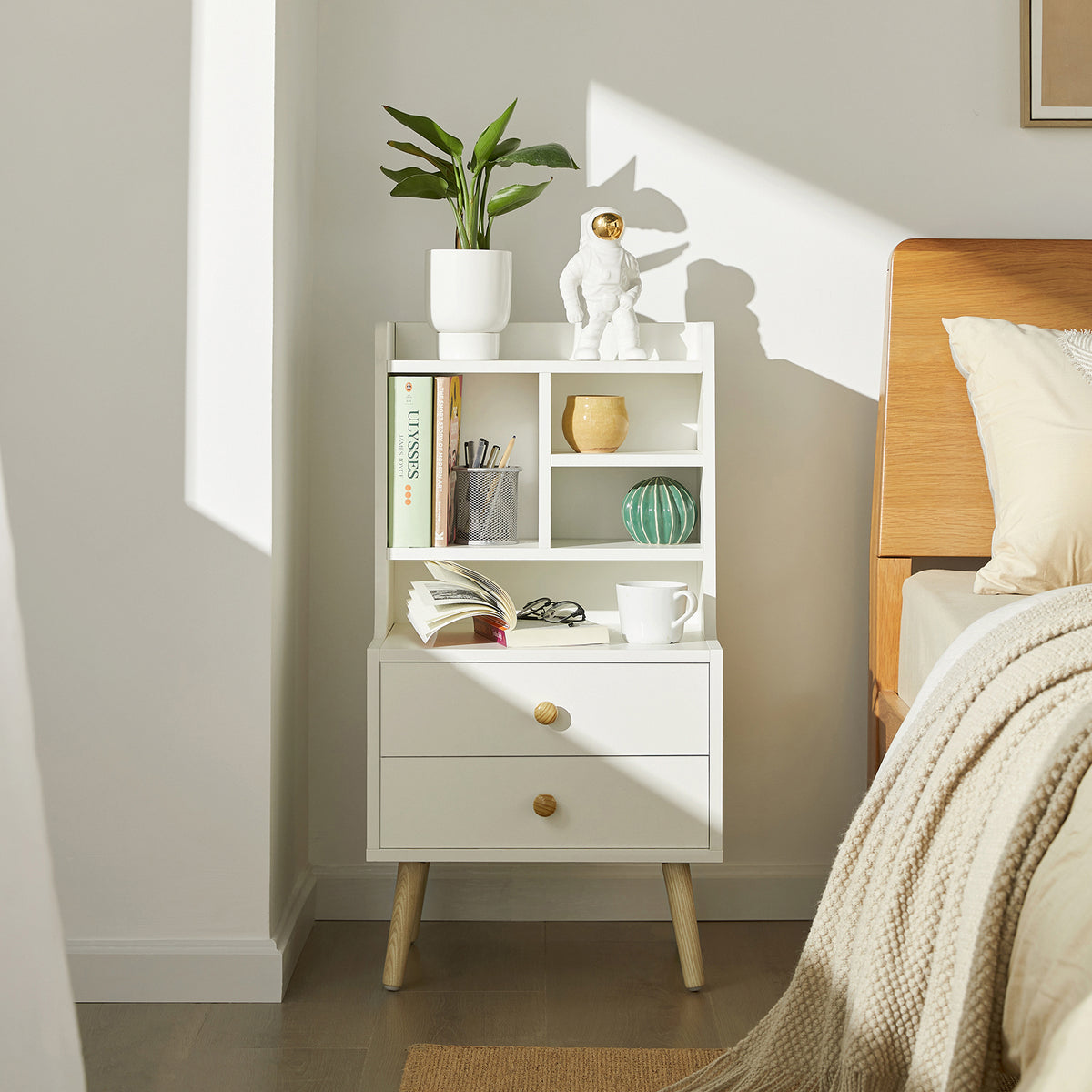 SoBuy FBT100-W, Modern Bedside Table with Drawers & Open Shelves, Nightstand with Pine Wood Legs, Storage Cabinet for Bedroom & Living Room, White