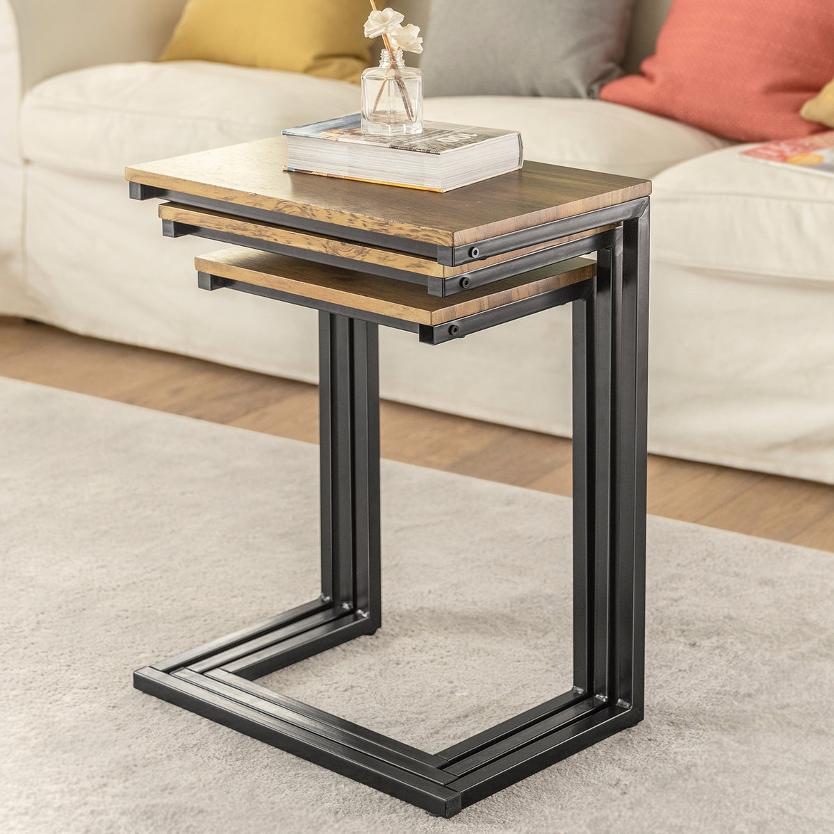 SoBuy FBT102-F, Nesting Tables Set of 3 Coffee Tables Living Room Stacking Side Tables, Brown