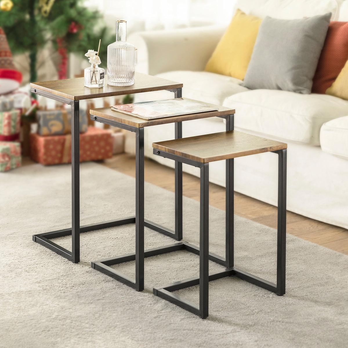 SoBuy FBT102-F, Nesting Tables Set of 3 Coffee Tables Living Room Stacking Side Tables, Brown