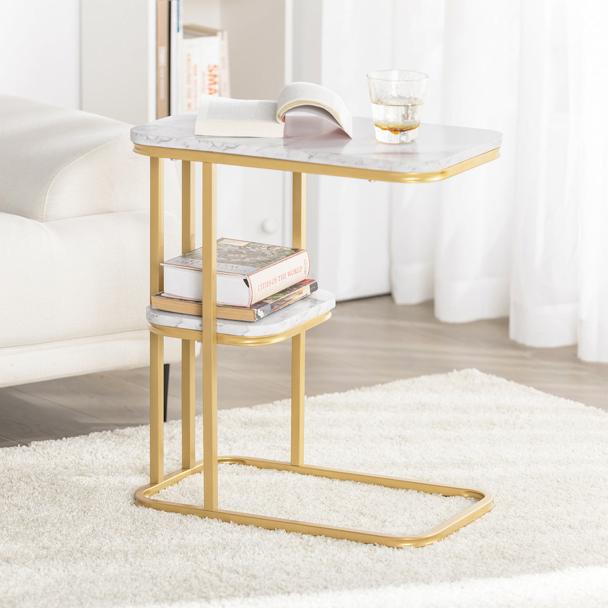 SoBuy FBT110-G, Side Table with 2 Shelves, Coffee Table Sofa Table Bedside Table, Gold