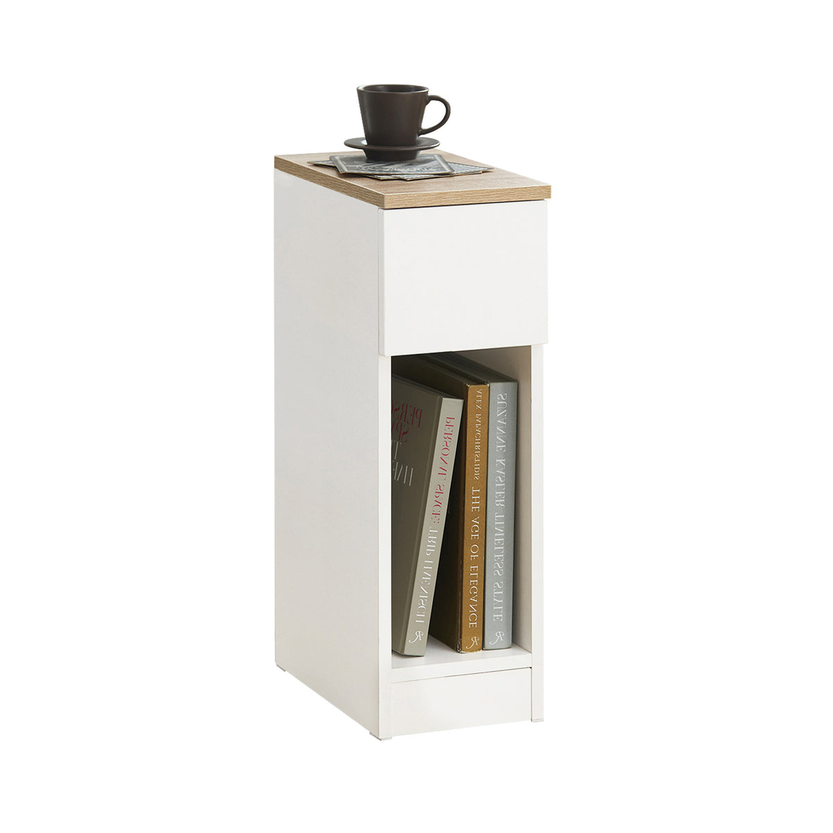 SoBuy FBT111-WN 20cm slim white and natural bedside table with drawer and open shelf on white background