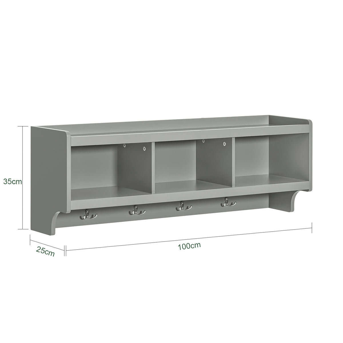SoBuy FHK28-HG, Wall Coat Rack Wall Shelf Wall Storage Cabinet Unit with 3 Compartments 4 Hooks, Grey