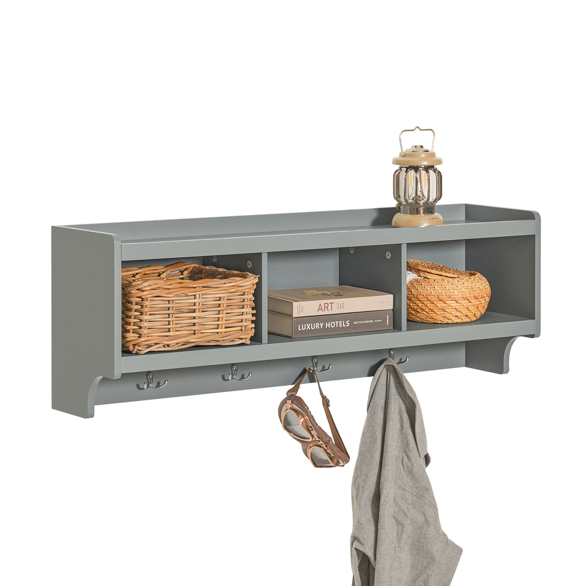 SoBuy FHK28-HG, Wall Coat Rack Wall Shelf Wall Storage Cabinet Unit with 3 Compartments 4 Hooks, Grey
