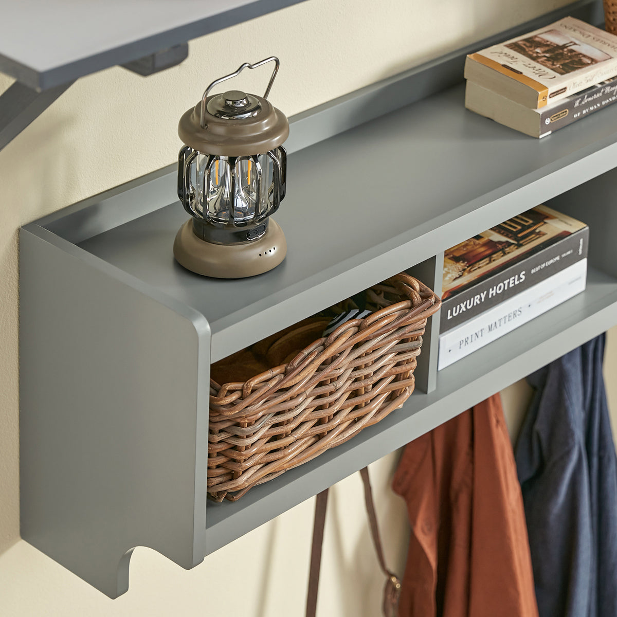 SoBuy FHK28-HG, Wall Coat Rack Wall Shelf Wall Storage Cabinet Unit with 3 Compartments 4 Hooks, Grey