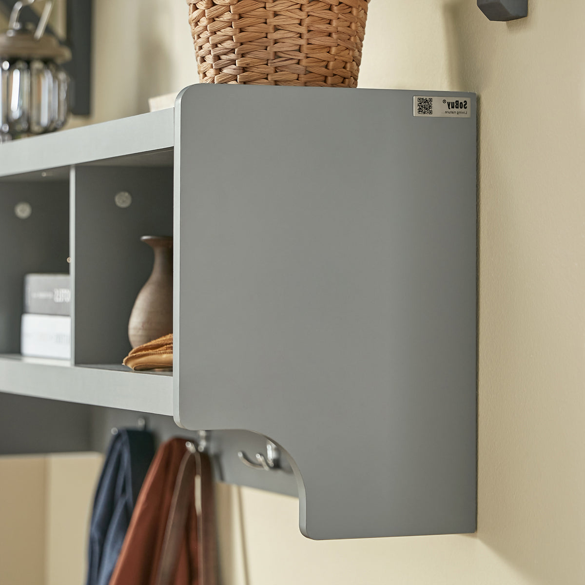 SoBuy FHK28-HG, Wall Coat Rack Wall Shelf Wall Storage Cabinet Unit with 3 Compartments 4 Hooks, Grey