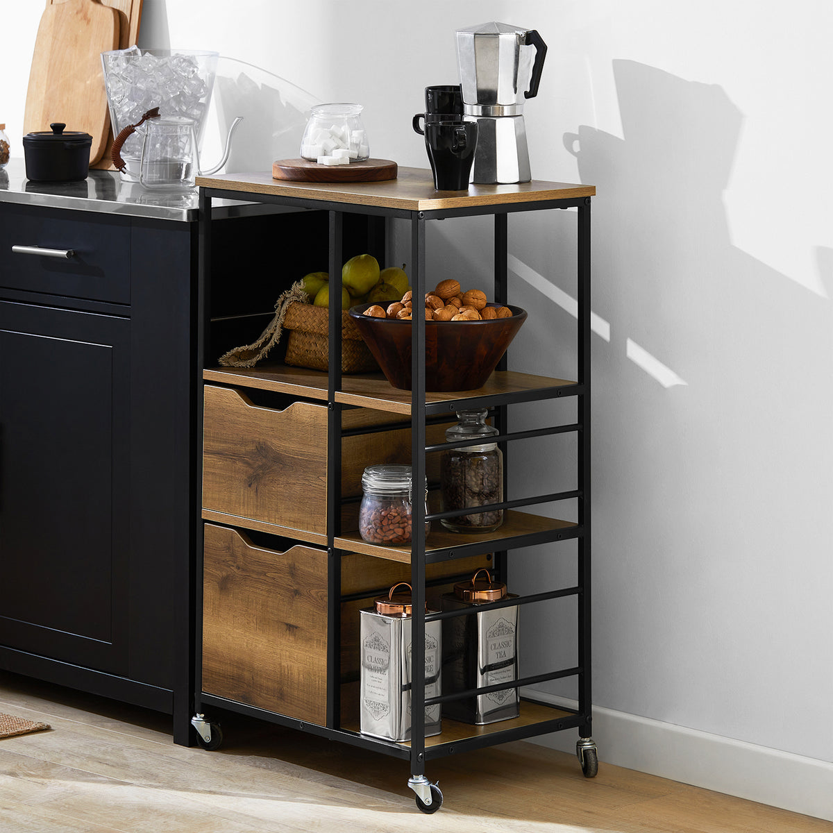 SoBuy FKW111-PF, Industrial Vintage Style Kitchen Trolley Cart Kitchen Storage Trolley, Brown
