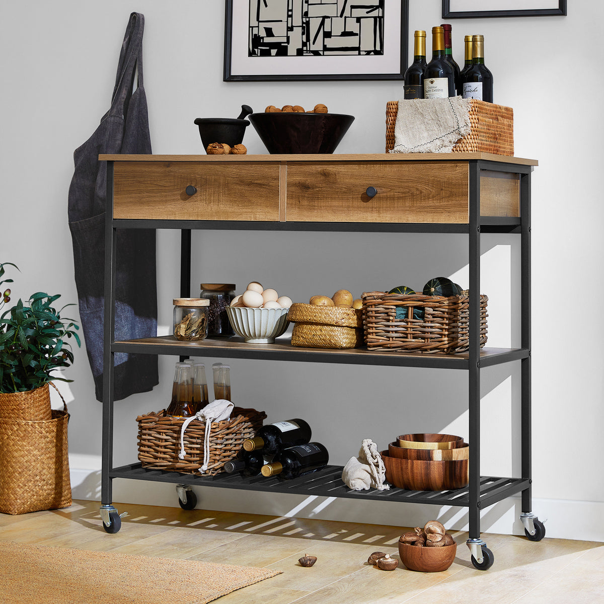 SoBuy FKW112-PF, Industrial Vintage Style Kitchen Trolley Cart Kitchen Storage Trolley Serving Trolley with 2 Drawers 2 Shelves, Brown