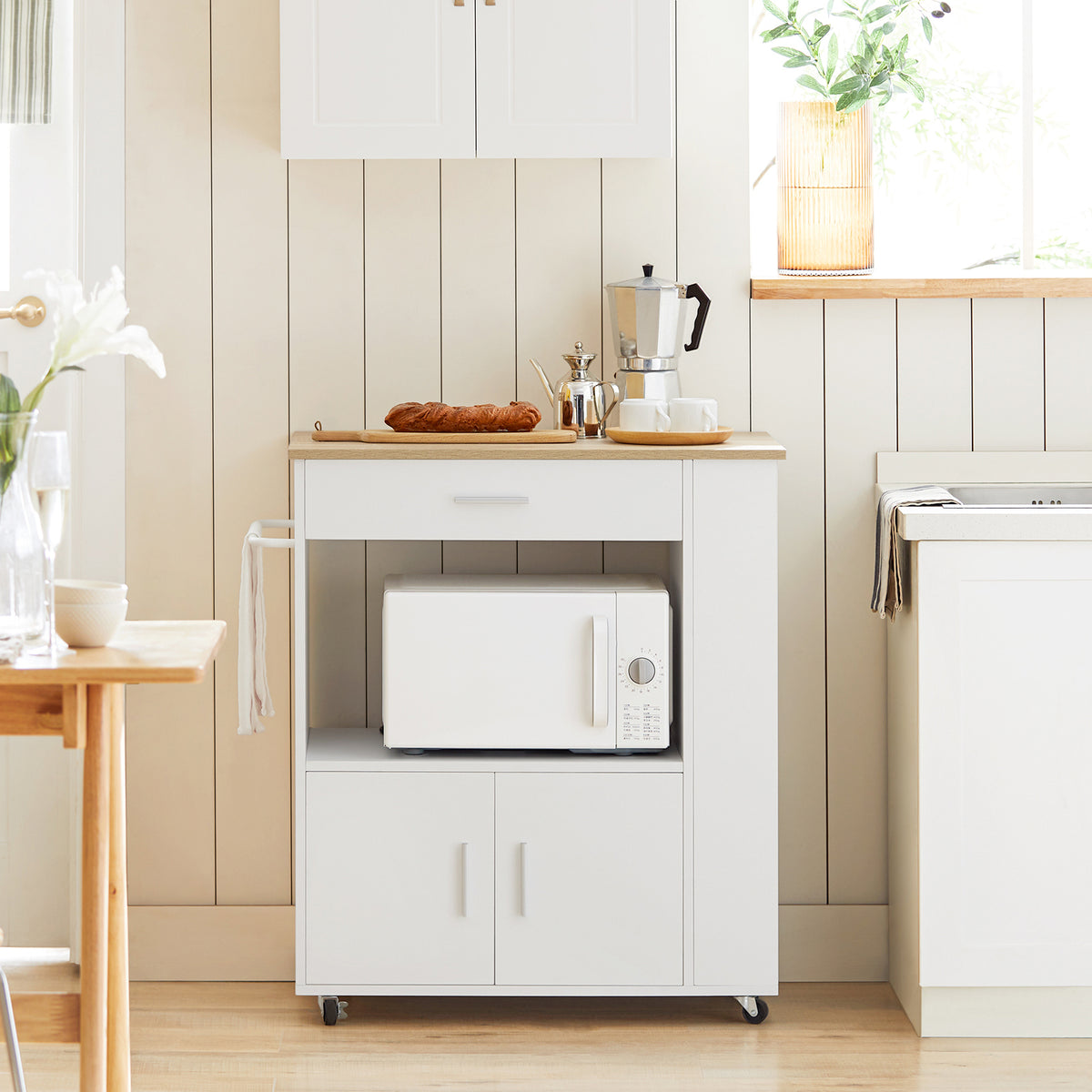 SoBuy FKW113-WN, Kitchen Trolley Cart Storage Trolley Serving Trolley Microwave Cabinet, White