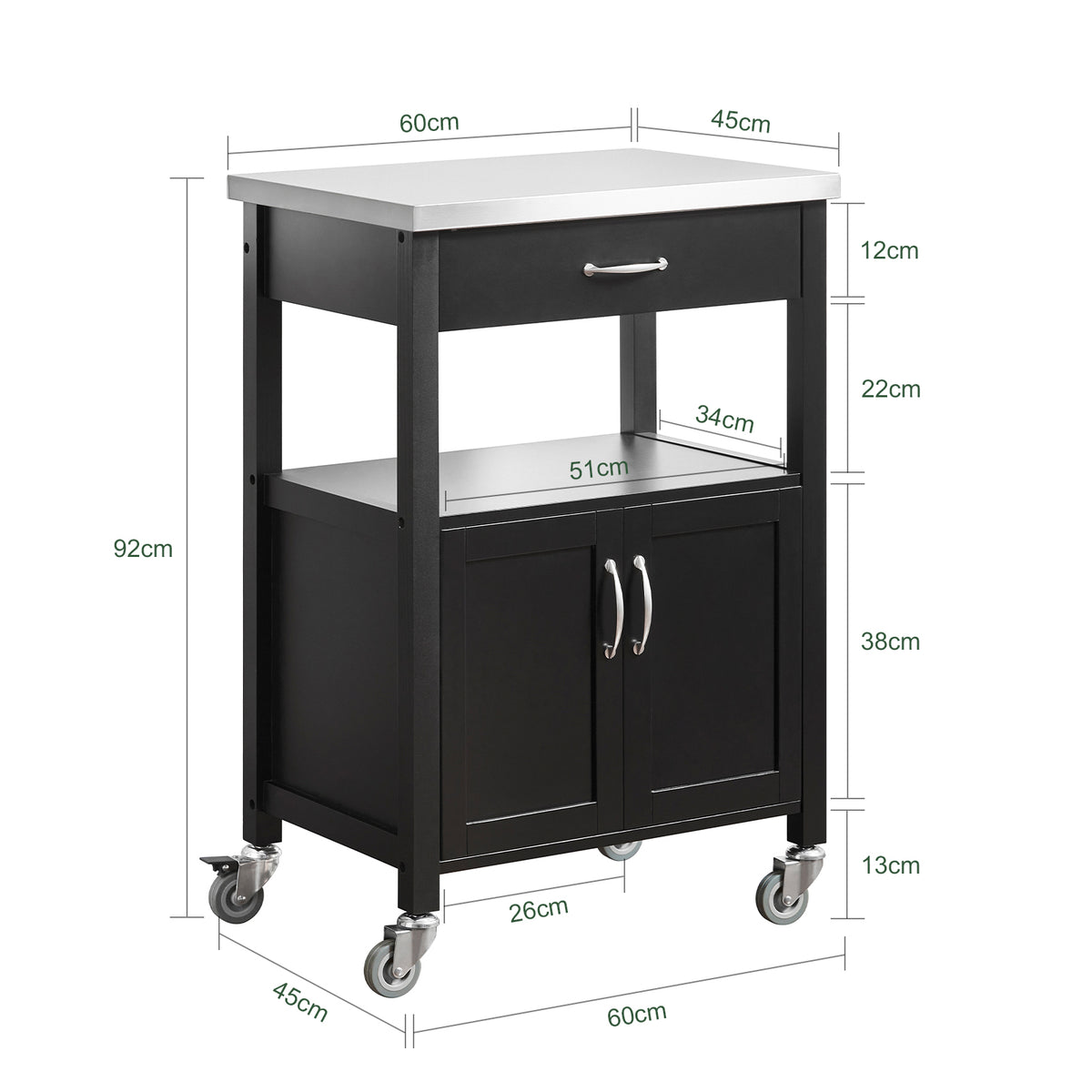 SoBuy FKW22-SCH, Kitchen Trolley Cart Storage Trolley Serving Trolley Kitchen Cabinet with Stainless Steel Worktop, Black