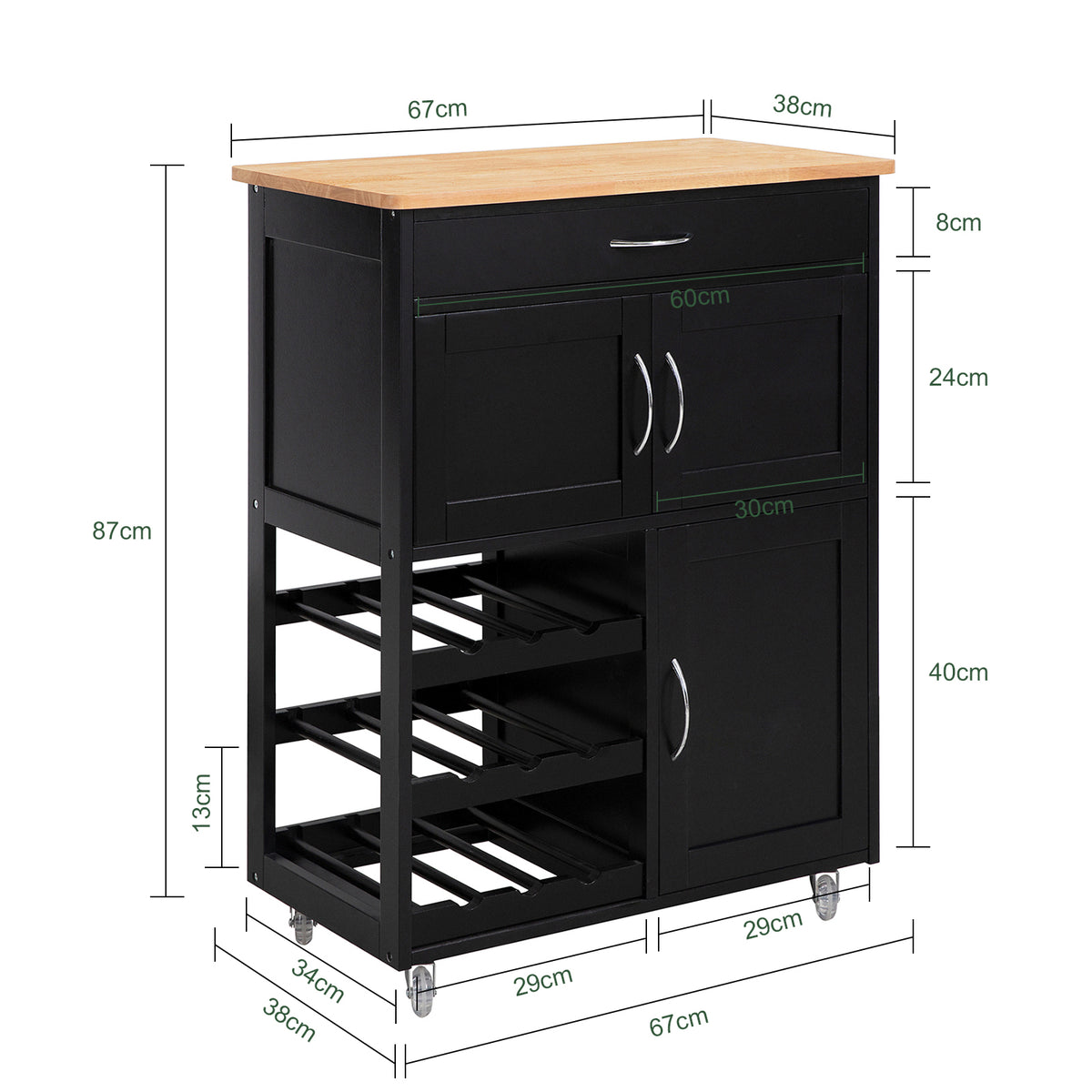 SoBuy FKW45-SCH, Kitchen Storage Trolley Serving Trolley Kitchen Storage Cabinet with Rubber Wood Worktop, Black