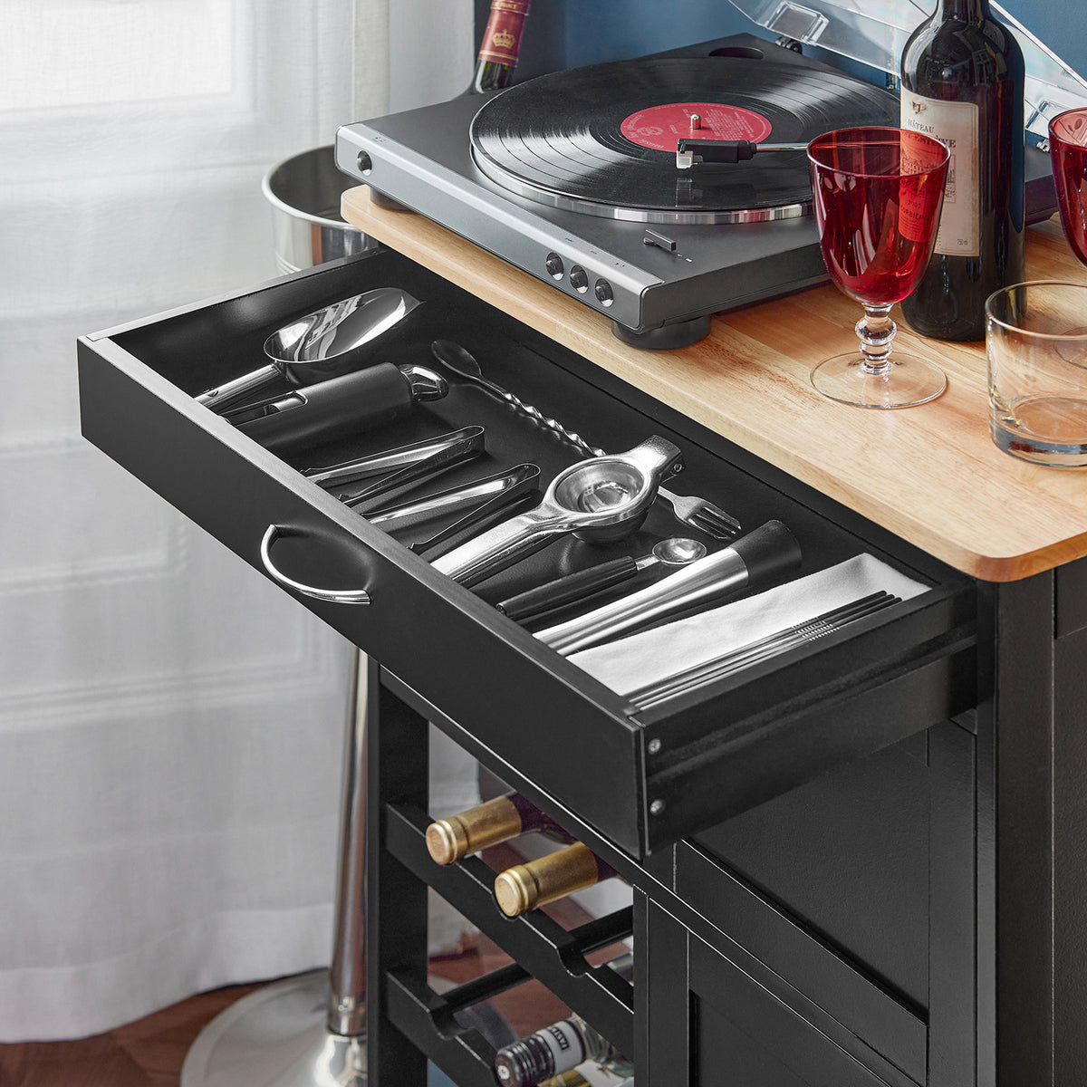 SoBuy FKW45-SCH, Kitchen Storage Trolley Serving Trolley Kitchen Storage Cabinet with Rubber Wood Worktop, Black
